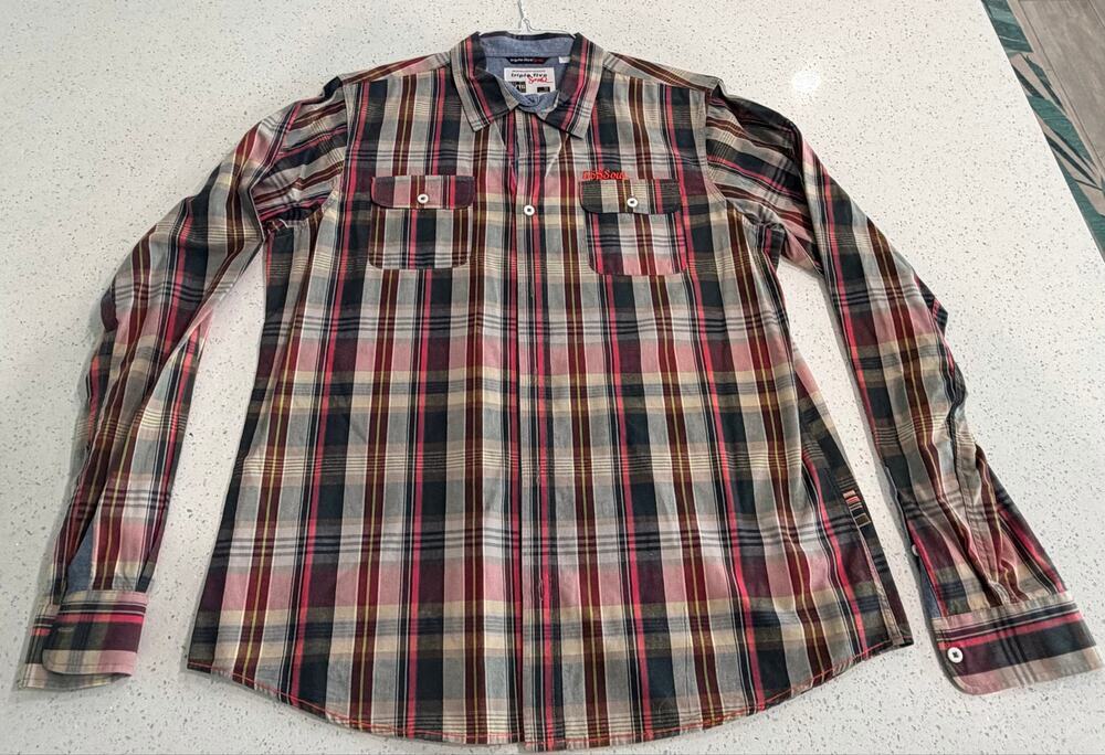 Triple Five Soul Plaid Pattern Button Down Short Sleeve Shirt Size XL